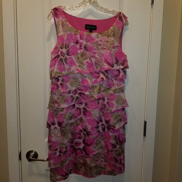 connected apparel Dresses & Skirts - Pink and Green Floral Sleeveless Tiered Stretch Cocktail Dress 10